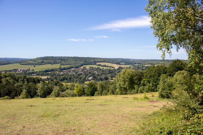 View of gentle rolling green countryside from Box Hill in Surrey Southern England on a sunny summers day with clear blue sky