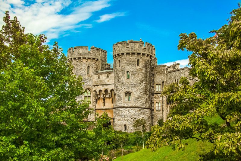 Exterior of Arundel Castle, built from grey stone with two circular towers framed by green lewafy trees with bright blue sky behind